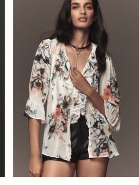 Anthropologie Floral Ruffle V-Neck Women’s Top in White with Color Accents